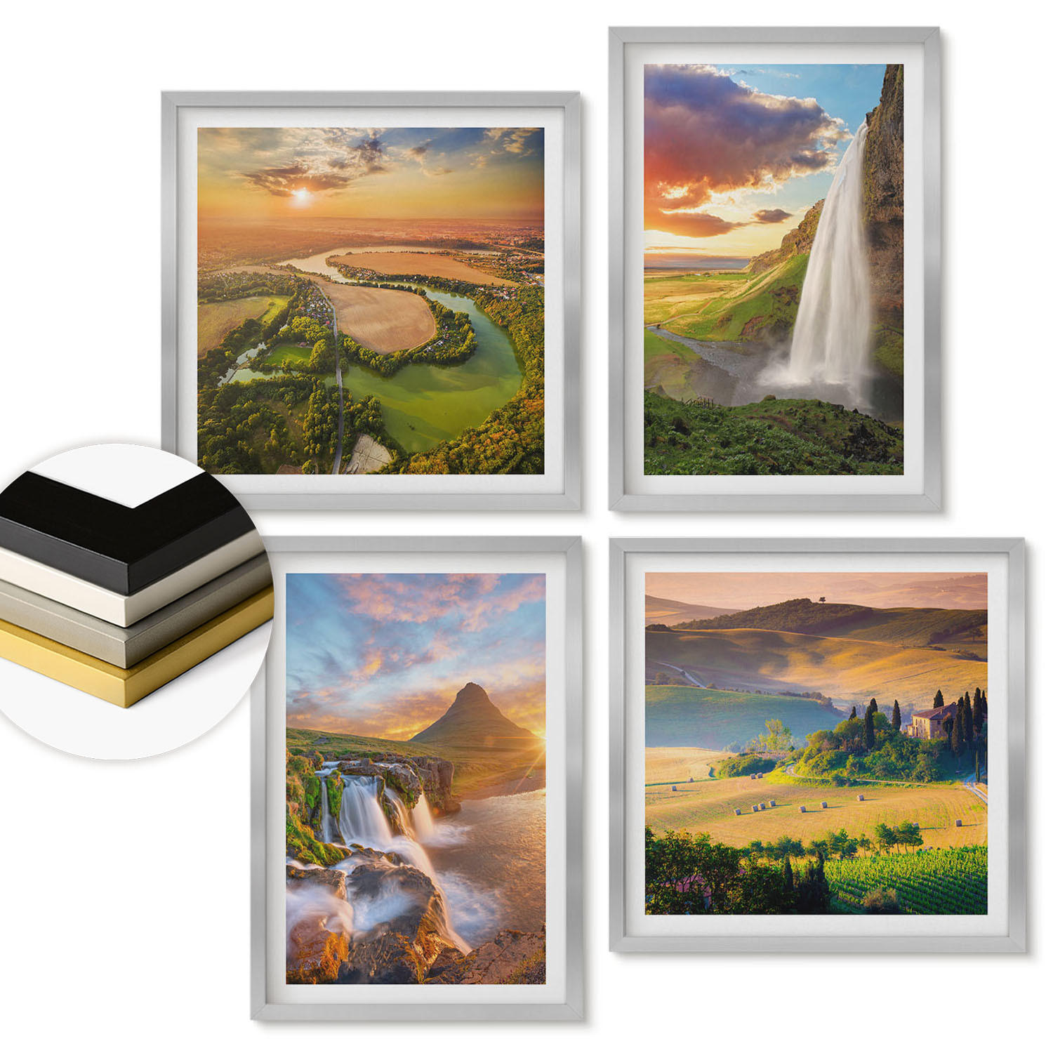 WANDBILDER 4er Set - 50x50 cm & 40x60 cm Silberner Rahmen - Italienische Sonnenuntergänge - Silberfarben, Kunststoff (50/50cm) - ArtPrintCave
