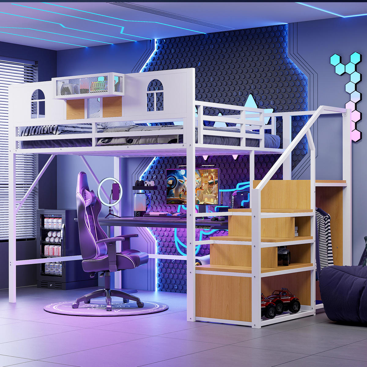 HOCHBETT 140/200 cm mit Stauraumleiter in Weiß mit Matratze - Weiß, Metall (140/200cm) - OKWISH