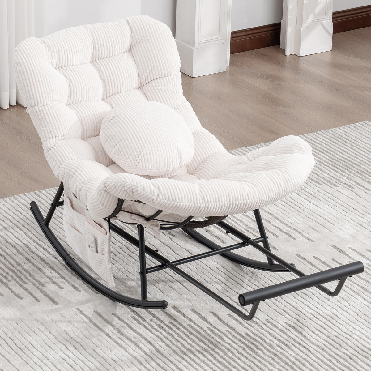 SCHAUKELSTUHL mit Fußstütze,Schaukelsessel XXL Rattanstuhl mit Kissen, Cord, Beige - Beige, Textil (90/78/150cm) - LVHOM