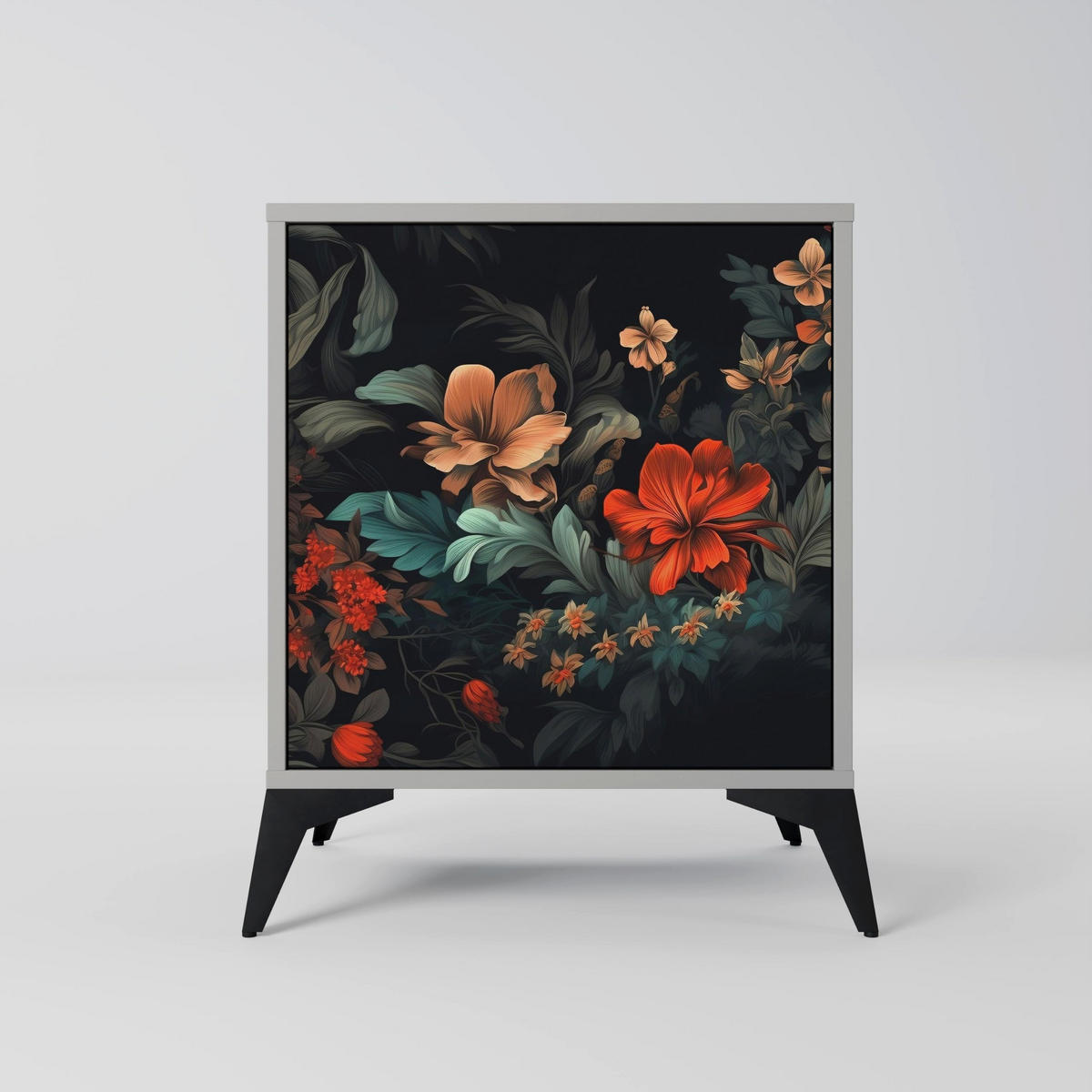 SIDEBOARD IMAGINARY BLOSSOM, Grau, 57,5x42x70,5 cm, Schwarze Metall-Sternfüße - Multicolor/Schwarz, Holzwerkstoff/Metall (57.5/70.5/42cm) - SpaceRebels