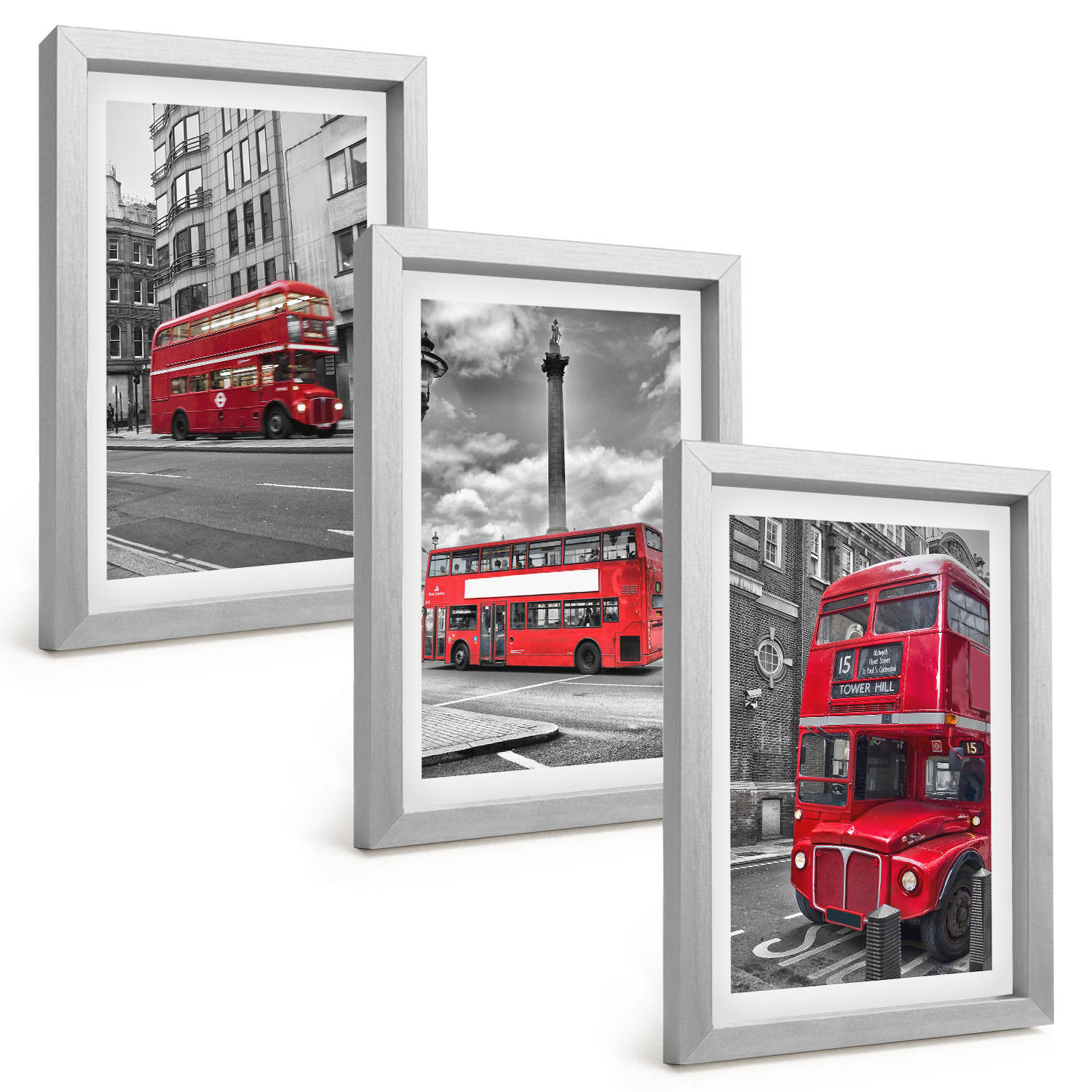 BILDER SET 3er Set - 20x30 cm Silberner Rahmen - Rote Busse in London - Silberfarben, Kunststoff (20/30cm) - TULUP