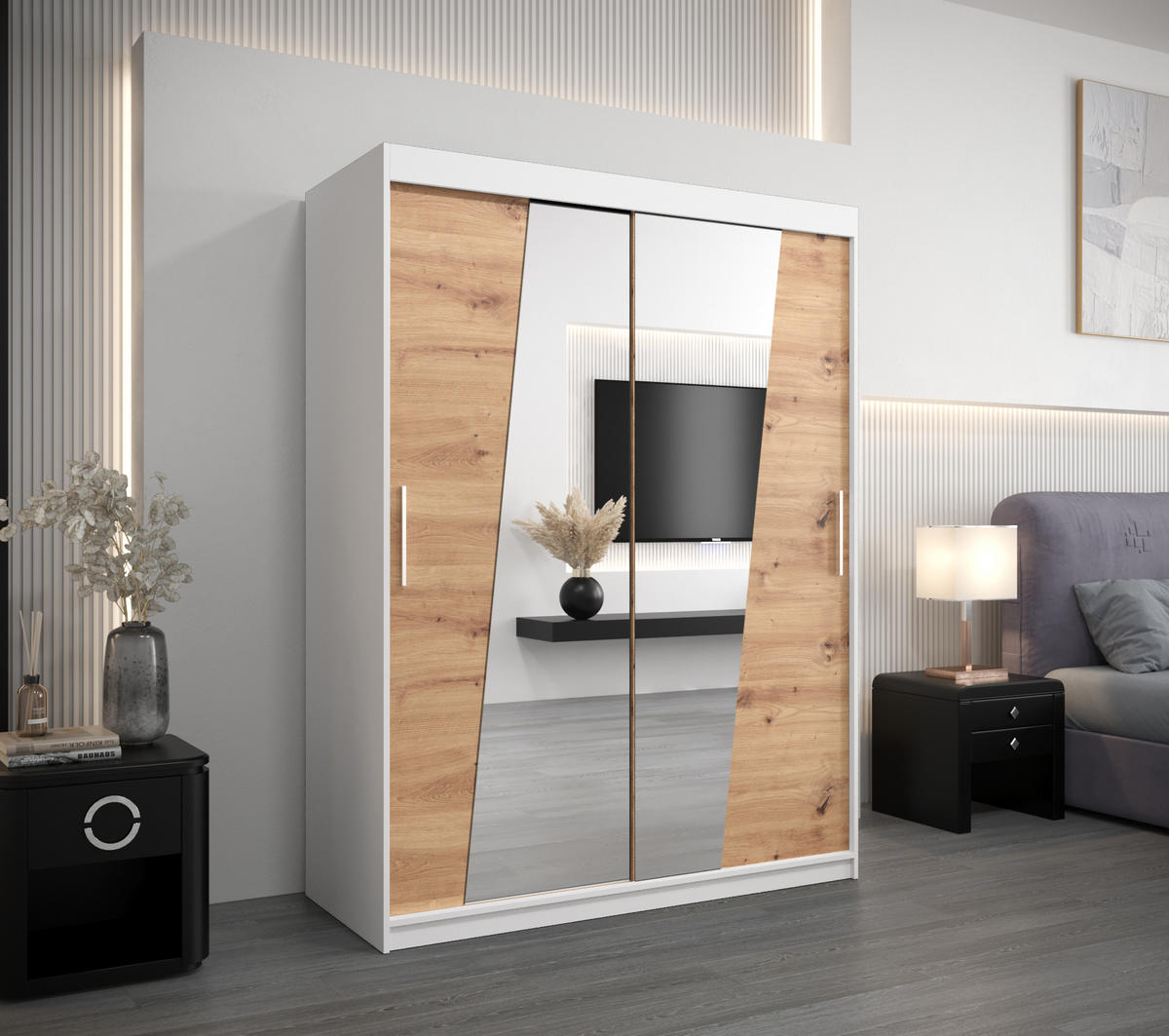 SCHWEBETÜRENSCHRANK 200/150/62 2-türig - Silberfarben/Eiche Artisan, Holz/Kunststoff (150/200/62cm) - Abiks Möbel