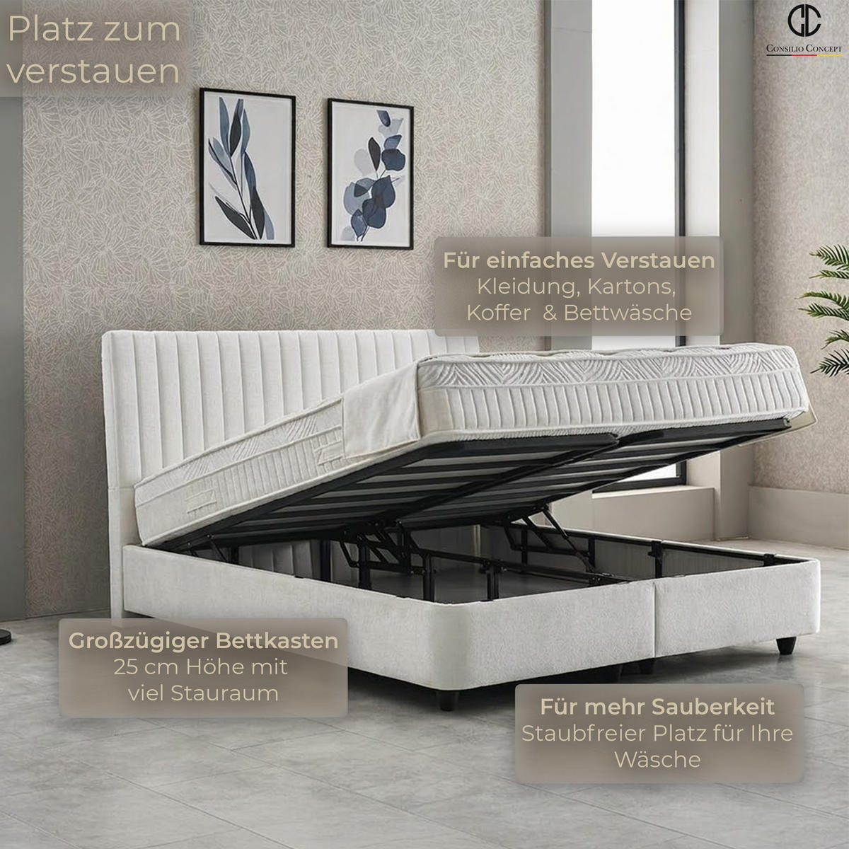 BOXSPRINGBETT MIT BETTKASTEN LYON 90/200 cm, Ivory, Bettkasten, Matratze, Topper integriert, H3 mittel - Creme/Schwarz, Holz/Kunststoff (90/200cm) - Consilio Concept