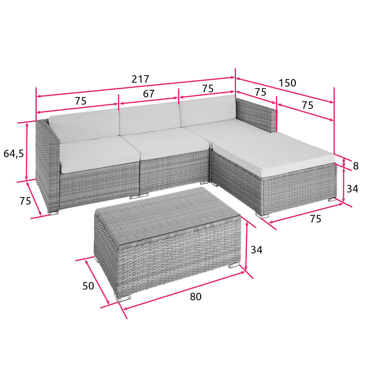 RATTANLOUNGE Florenz,mit Sicherheitsglasplatte,hellgrau/dunkelgrau - Dunkelgrau/Hellgrau, Kunststoff - tectake