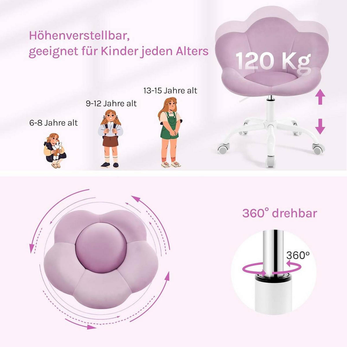 DREHSTUHL Kinder, blumenförmig, Samt, Hellviolett - Violett/Weiß, Kunststoff/Textil (62/71/51cm) - Woltu