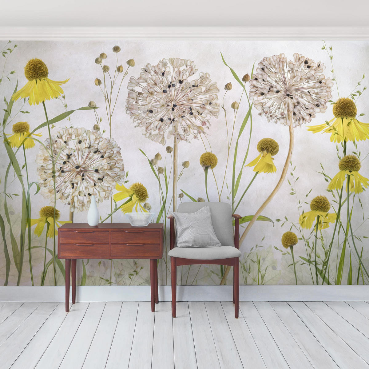 FOTOTAPETE Allium und Helenium Illustration 336/225 cm - Eichefarben, Papier (336/225cm) - Bilderwelten