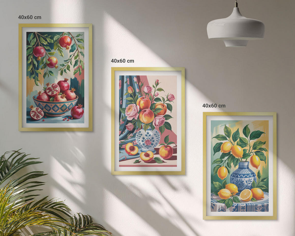 BILDER SET 3er Set - 40x60 cm Goldrahmen - Blumen und Früchte in Vasen - Goldfarben, Kunststoff (40/60cm) - TULUP