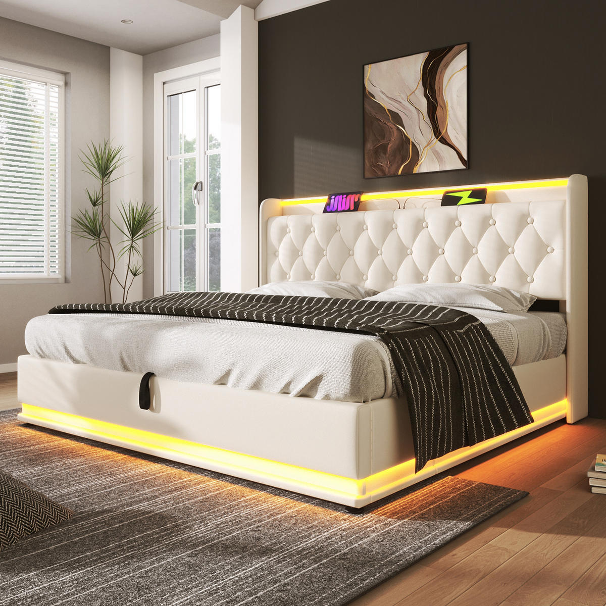 POLSTERBETT mit LED-Beleuchtung 140/200 cm mit Bettkasten & USB Typ-C, Weiß - Weiß, Kunststoff (140/200cm) - BEAOK