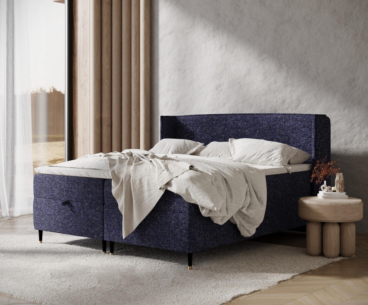 BOXBETT Monpelli Marineblau 140/200 cm mit Matratze und Topper - Schwarz/Dunkelblau, Holz/Holzwerkstoff (140/200cm) - Maison de Reve
