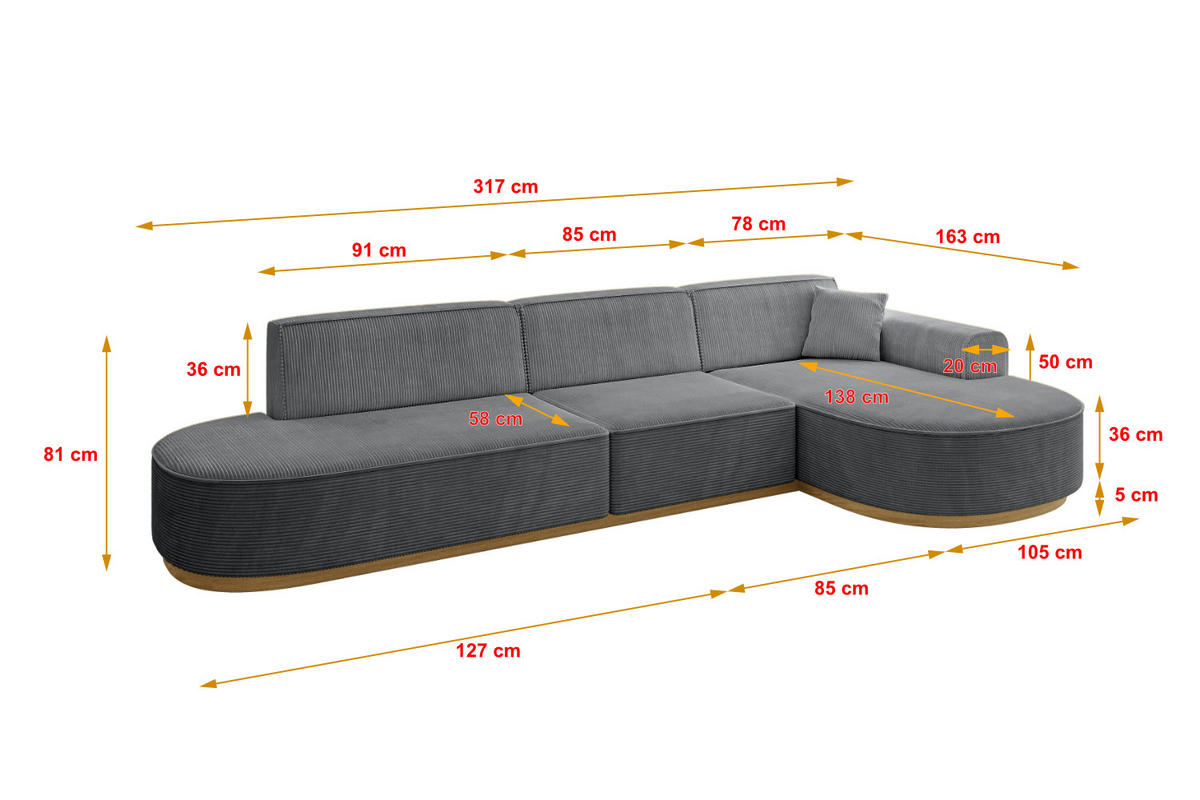 ECKSOFA Ottomane Rechts MARI-L2-v2 - 328x171x83 cm Dunkelgrau Cord - Dunkelgrau, Holzwerkstoff/Textil (171/328cm) - ALTDECOR