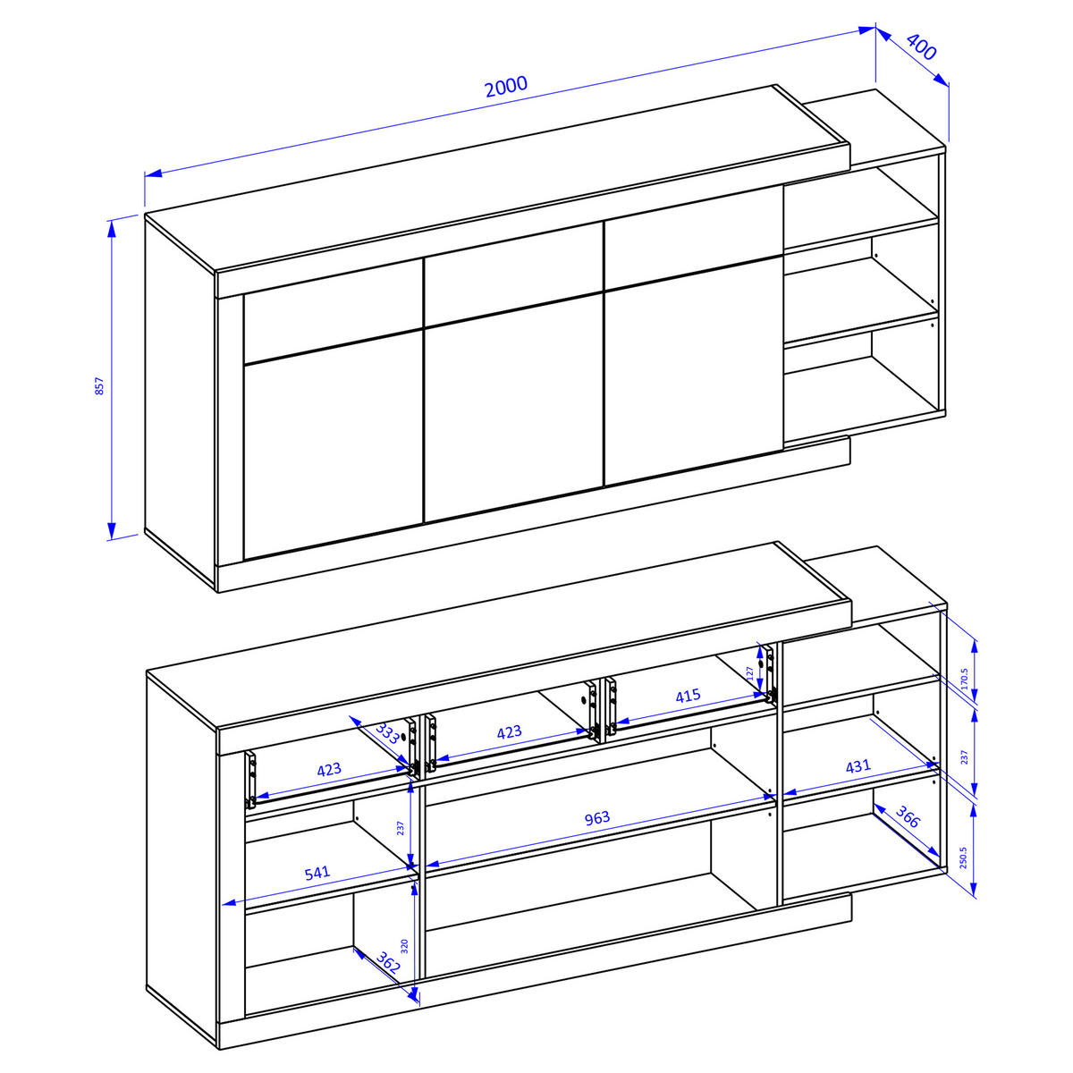 SIDEBOARD SINFONIA 200/86/40 cm mit 3 Schubladen und 3 Türen Eichefarben - Eichefarben/Weiß, Holzwerkstoff (200/86/40cm) - MASSENO