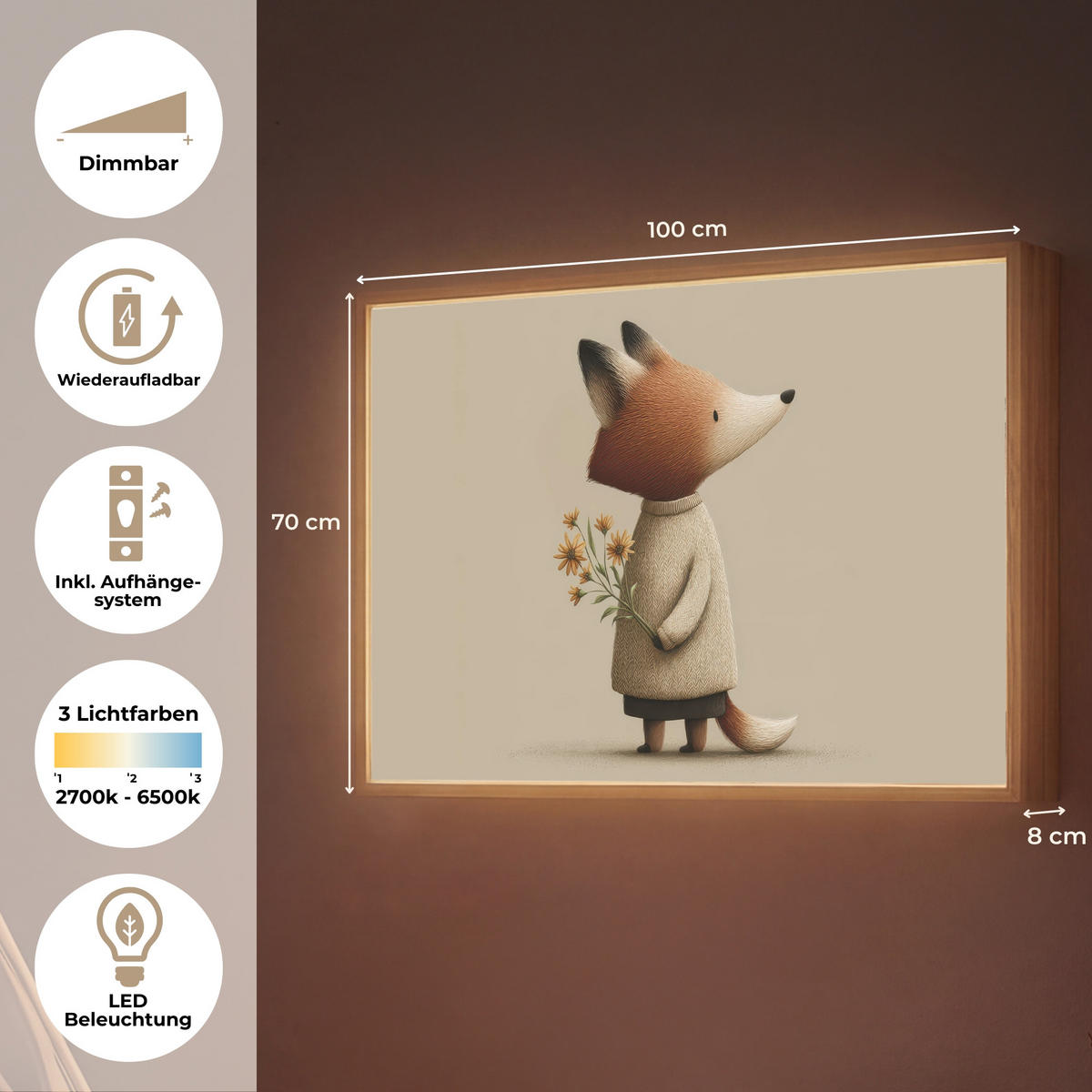NACHTTISCHLAMPE MIT AKKU Fuchs - Gelbe Blumen - Minimalistisch 100x70 cm - Taupe, Holzwerkstoff (8/100/70cm) - OnlyWow