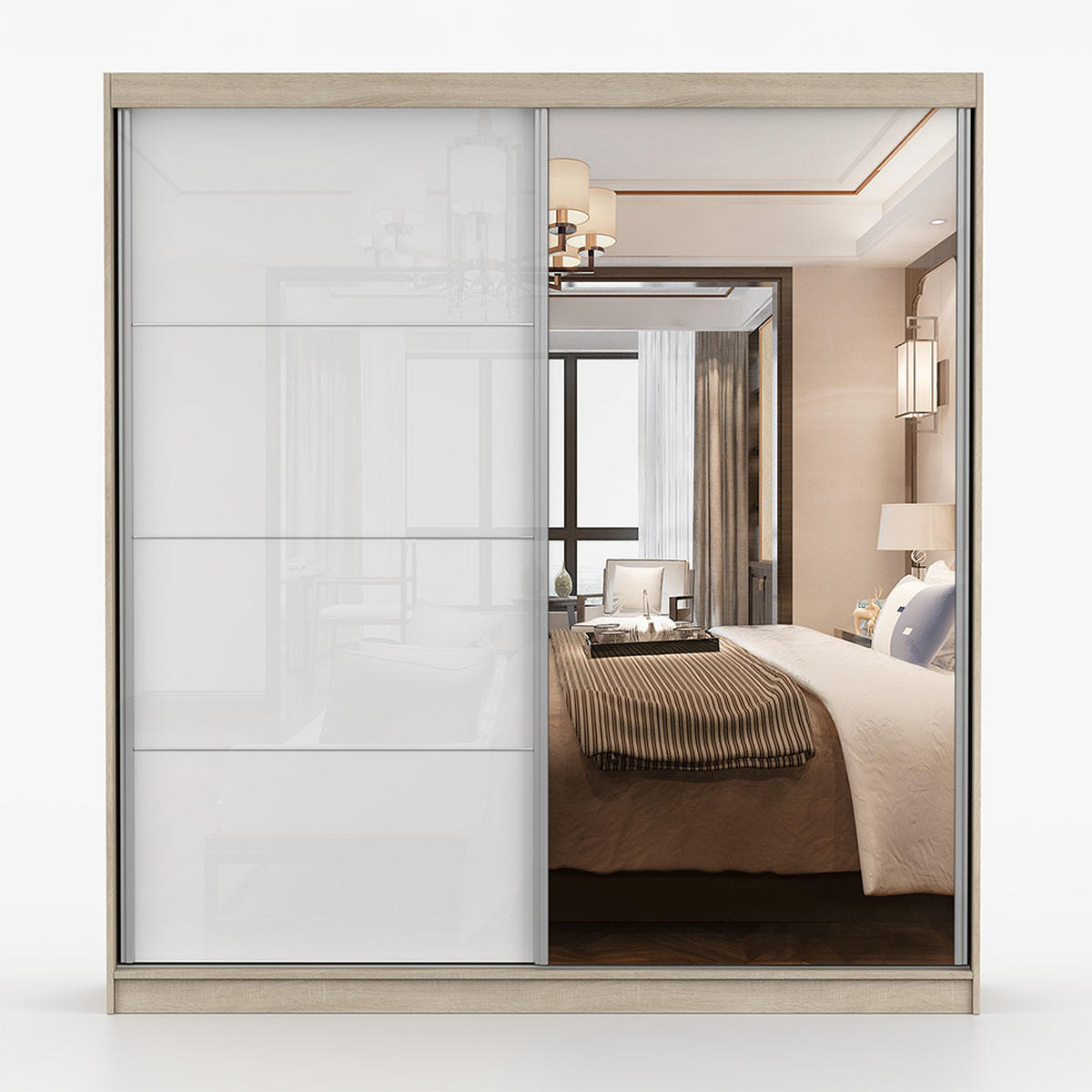 SCHWEBETÜRENSCHRANK 203/218/61 cm 2-türig Pola 35 Sonoma Eiche/Weiß Semigloss - Weiß Hochglanz/Alufarben, Glas/Holzwerkstoff (203/218/61cm)