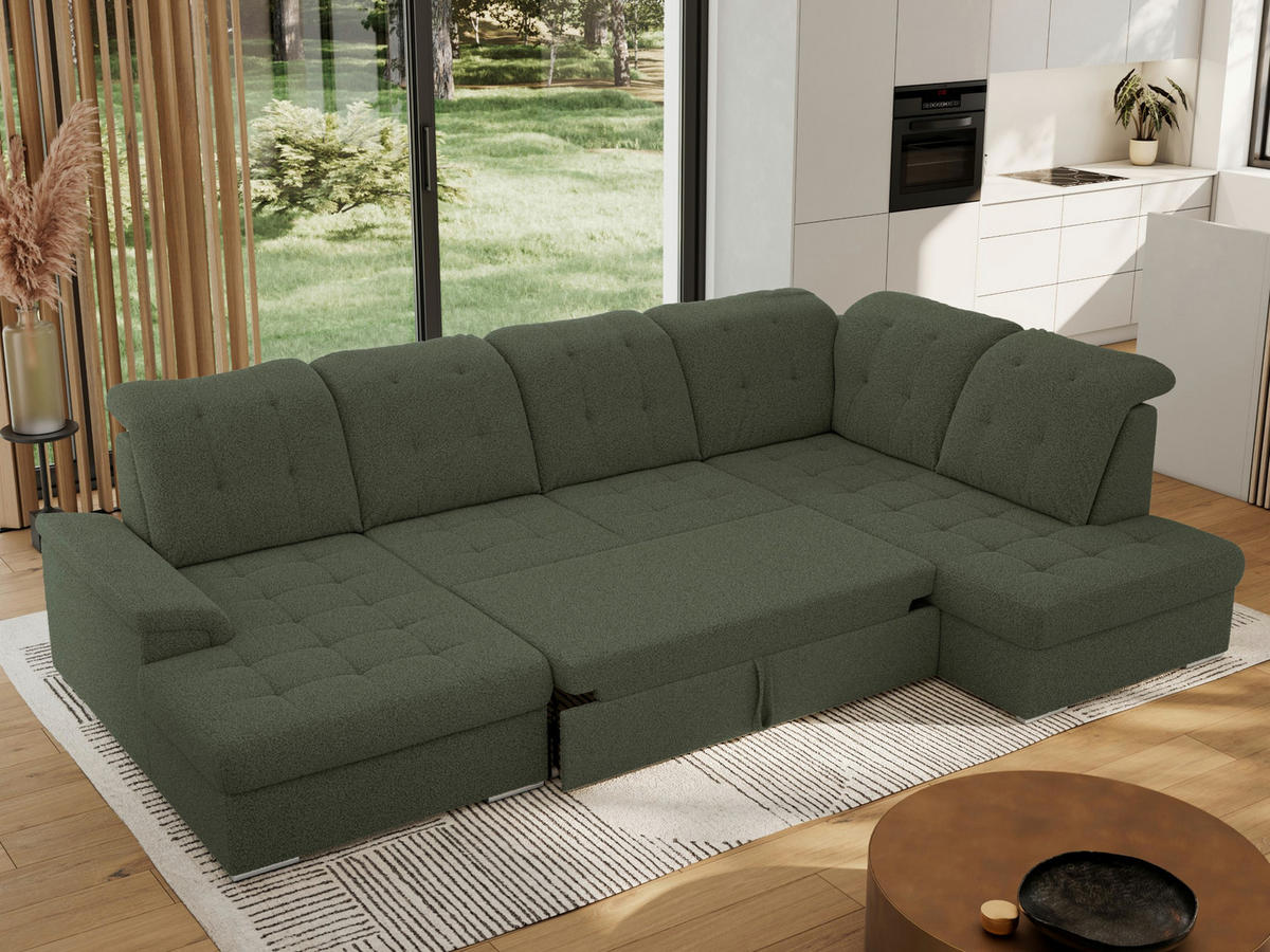 WOHNLANDSCHAFT MADRITO U - Grün Boucle - Rechts - Silberfarben/Grün, Textil/Metall (323/89/204cm) - MKS