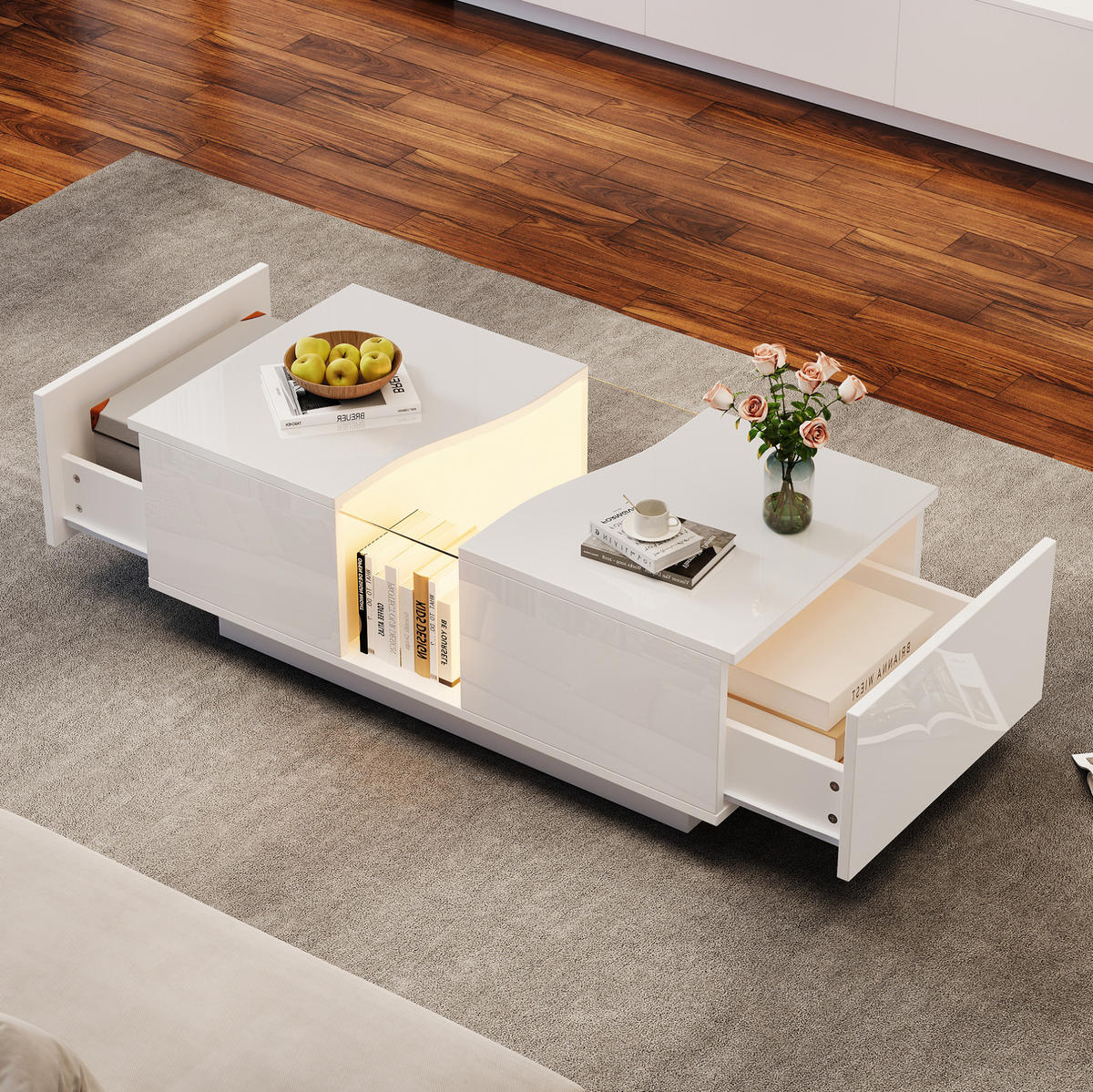 COUCHTISCH 100/50/35 cm weiß aus MDF mit LED und Schubladen - Weiß, Holzwerkstoff (100/50/35cm) - OKMYHOME