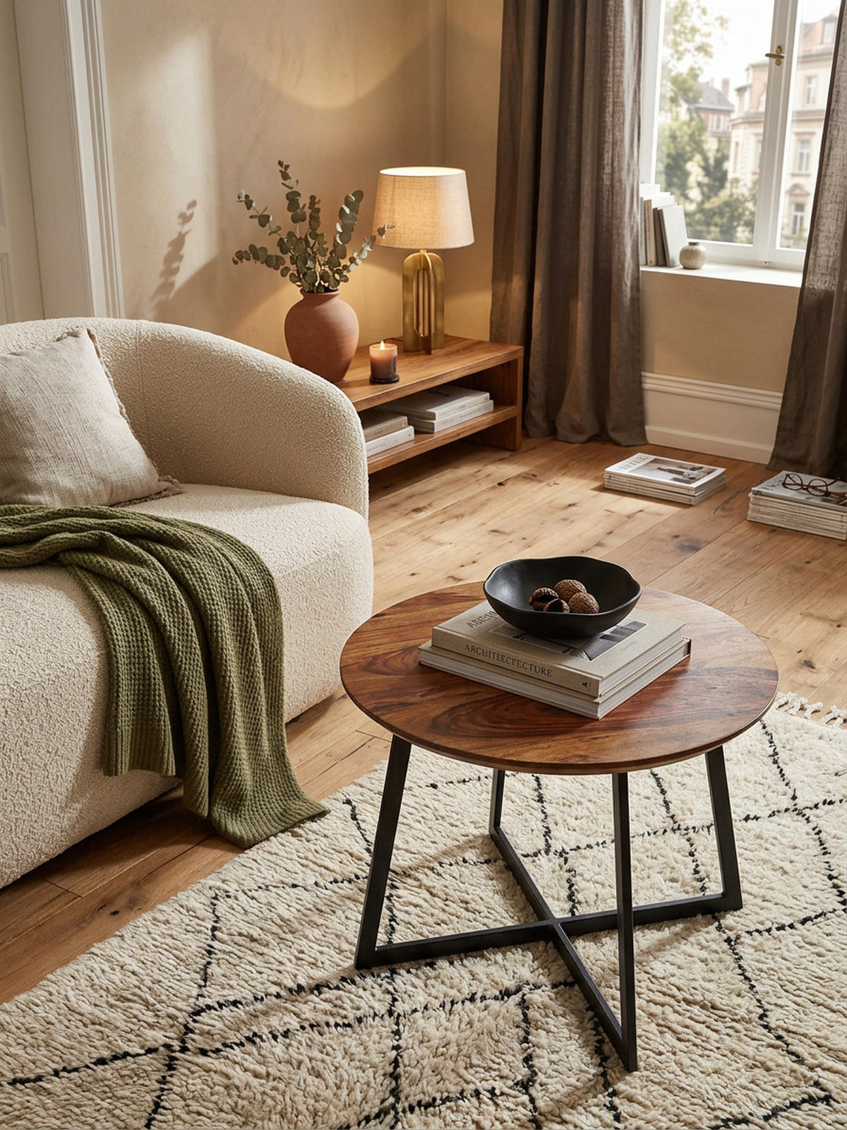 COUCHTISCH Rund, Sheesham Massivholz, Modernes Design, Maße 60x60x45 cm - Schwarz/Braun, Holz/Metall (60/60/45cm) - KADIMA DESIGN