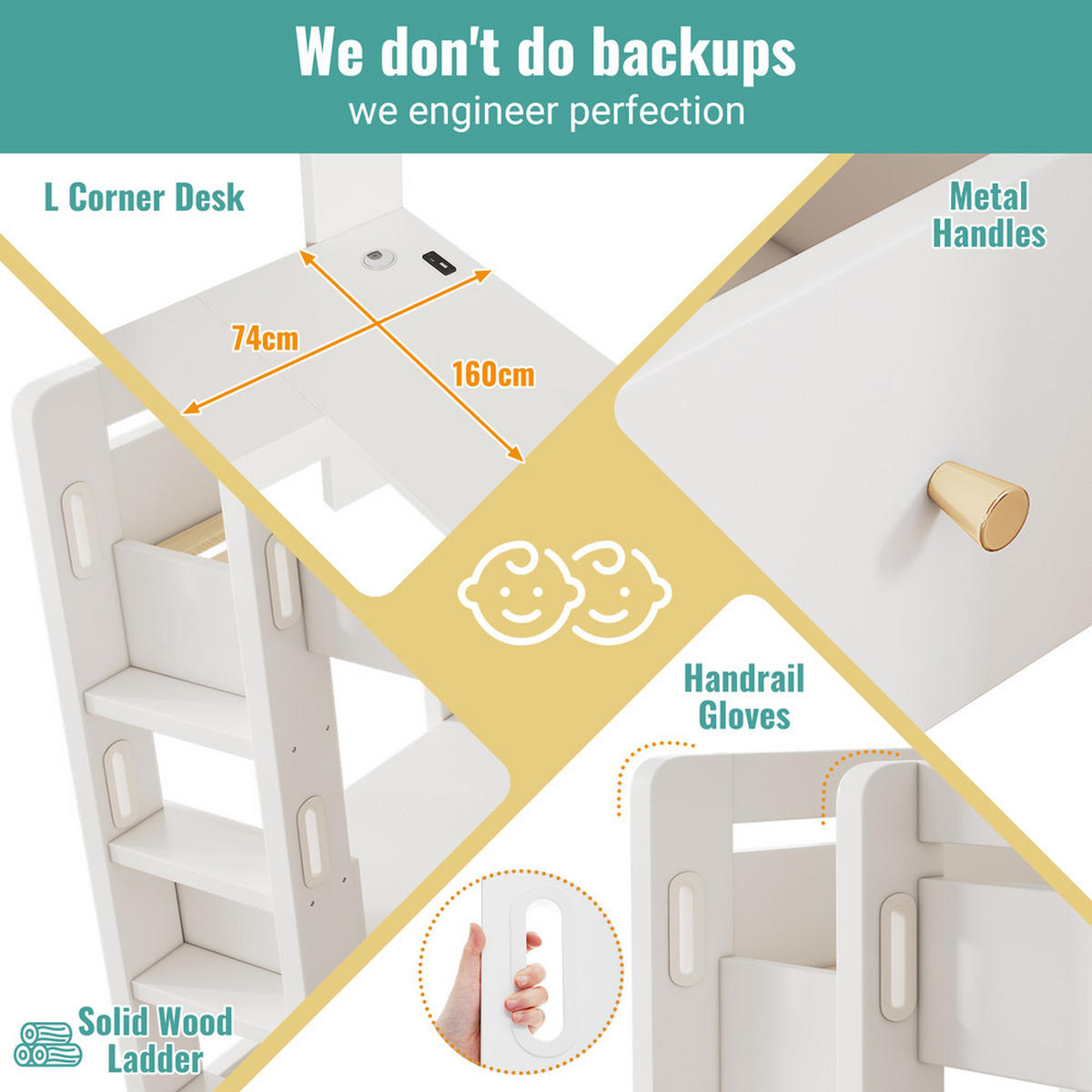 HOCHBETT 90x200cm Jugendbett L-förmig Schreibtisch USB-C Schubladen Weiß - Weiß, Holz (90/200cm) - FLIEKS