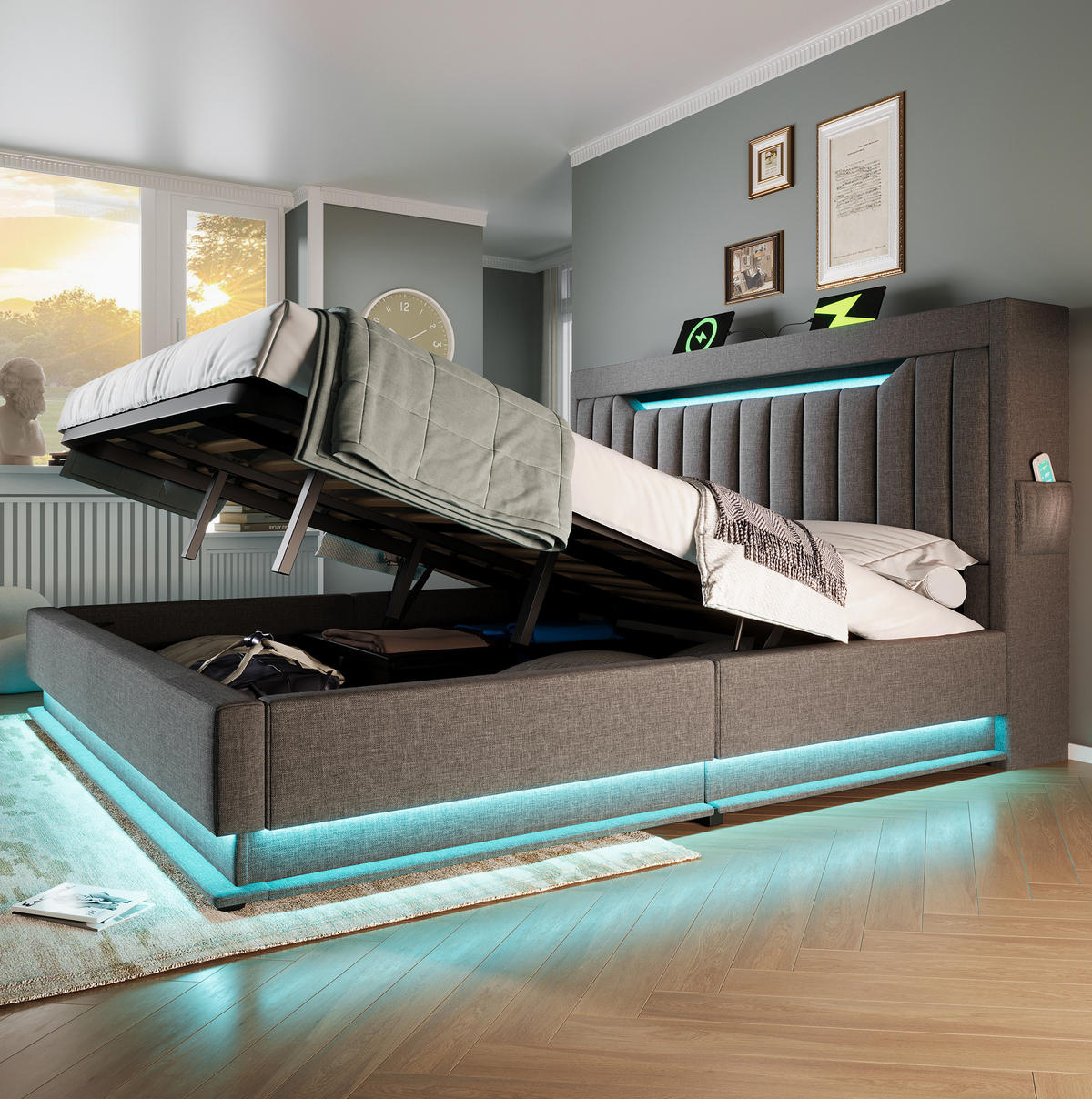 POLSTERBETT 160/200 cm Grau aus Leinen mit LED und USB-Ladeanschlüssen mit Matratze - Grau, Textil (160/200cm) - OKWISH