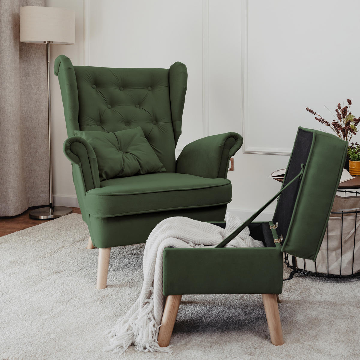 SESSEL mit Fußhocker Classic - Grün, Holz (92/107/80cm) - Idohome