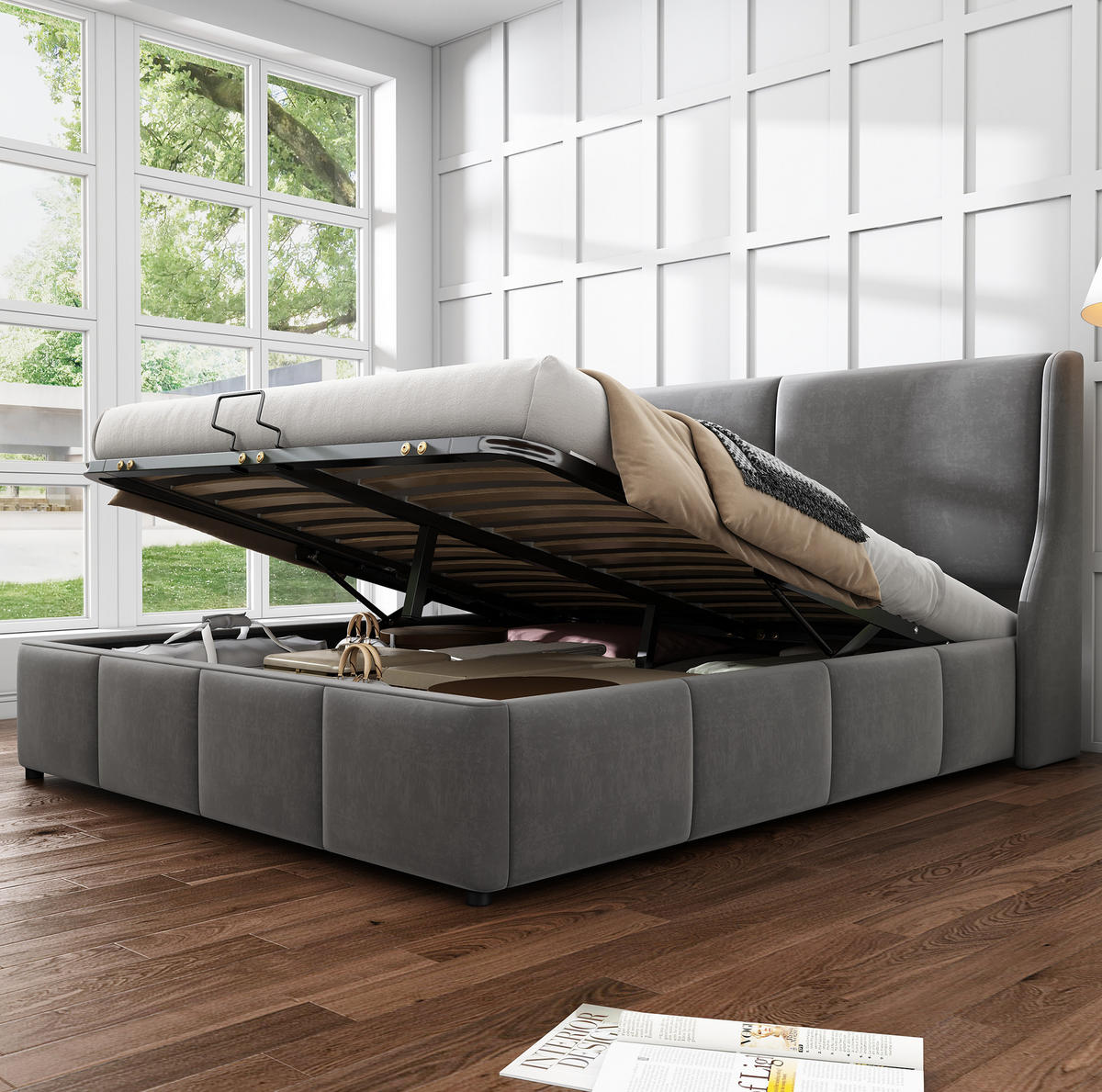 POLSTERBETT 140/200 cm grau aus Samt mit Stauraum - Grau, Textil (140/200cm) - OKMYHOME