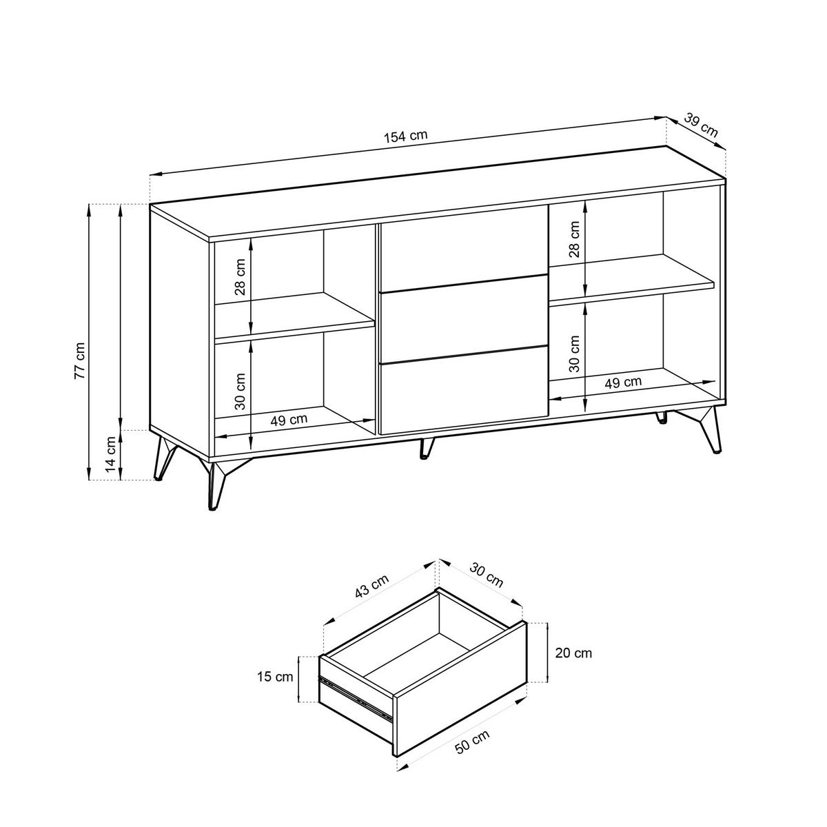 SIDEBOARD Boulia Schwarz mit Fischgrätfronten in Eiche 154 cm - Eichefarben/Schwarz, Holzwerkstoff/Metall (154/77/39cm) - Selsey