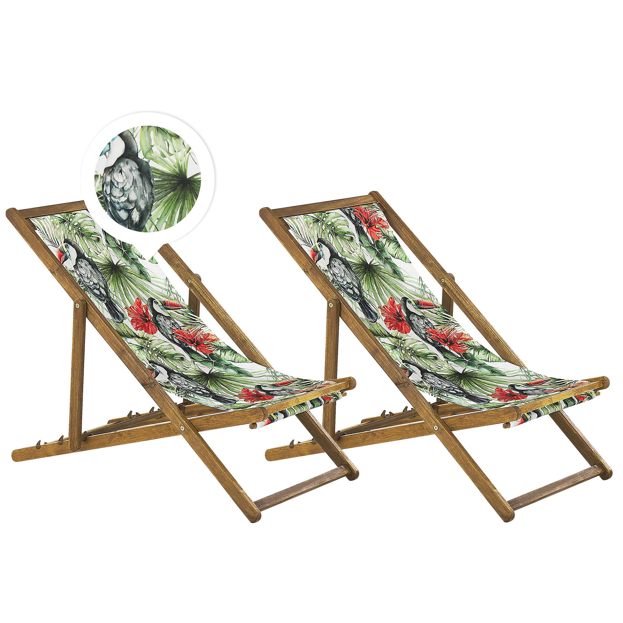 GARTENLIEGE 2er-Set hellbraun Textil weiß/mehrfarbig Tukanmotiv Anzio - Hellbraun/Multicolor, Textil (54/70/97cm) - Beliani