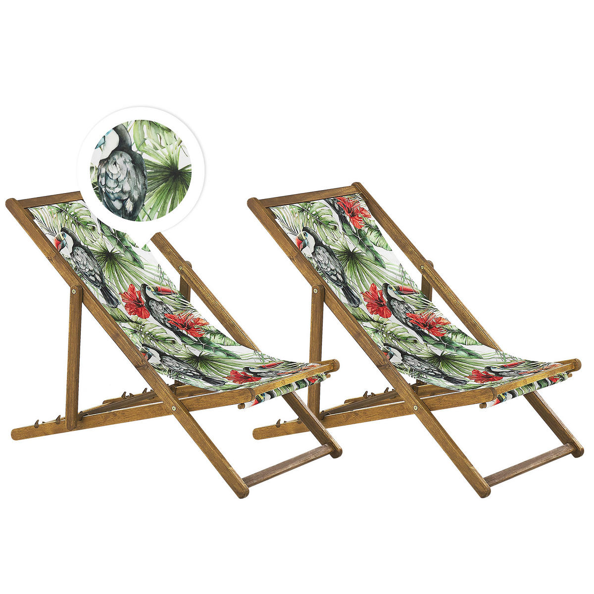 GARTENLIEGE 2er-Set hellbraun Textil weiß/mehrfarbig Tukanmotiv Anzio - Hellbraun/Multicolor, Textil (54/70/97cm) - Beliani