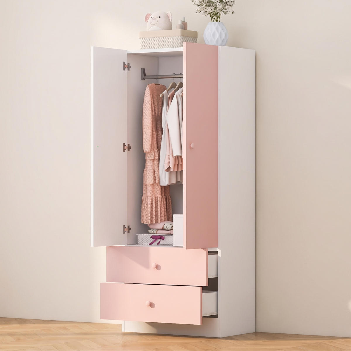 KLEIDERSCHRANK mit 2 Türen & 2 Schubladen und rosa Griffen 70x40x170 cm - Farbblock-Design - Rosa & Weiß - Pink, Holzwerkstoff (70/170/40cm) - DELFA