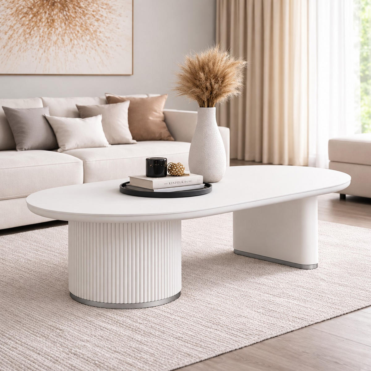 COUCHTISCH Oval Weiß 130 × 70 cm mit geriffeltem Säulengestell und Silberakzenten - Weiß, Holzwerkstoff (70/130/45cm) - HOOZ