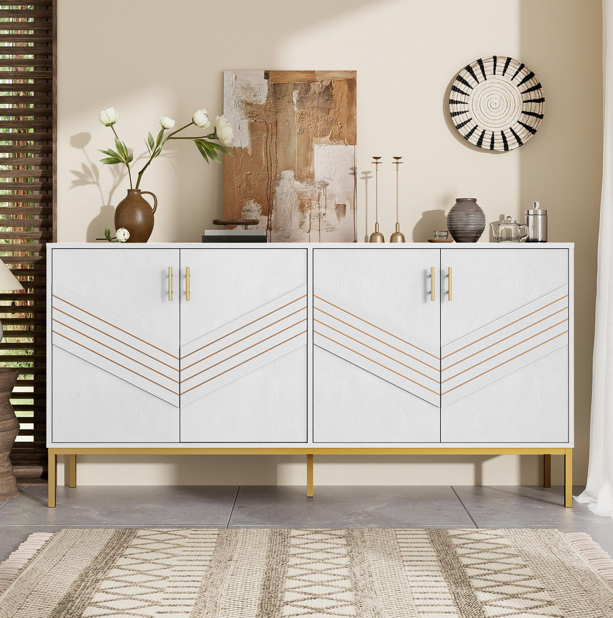 SIDEBOARD aus MDF in Weiß/Holzoptik mit 4 Türen und höhenverstellbaren Böden, 160/40/80,5 cm, Weiß/Holzoptik - Weiß, Holzwerkstoff (40/80.5/160cm) - Redom
