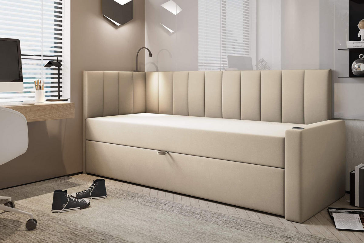 JUGENDBETT, 100 x 200 cm, Tokio, Bett mit Bonellmatratze H3 und Bettkasten, Einzelbett, Beige - Beige, Holzwerkstoff/Kunststoff (100/200cm) - Trada