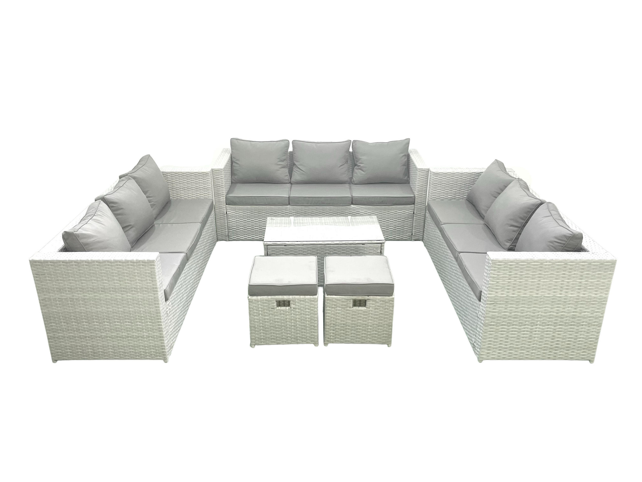 GARTENSET mit 3-SITZER SOFA,COUCHTISCH Polyrattan Hellgrau-Mix 11-Sitzer - Hellgrau/Grau, Glas/Kunststoff - Fimous