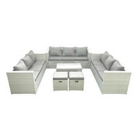 GARTENSET mit 3-SITZER SOFA,COUCHTISCH Polyrattan Hellgrau-Mix 11-Sitzer - Hellgrau/Grau, Glas/Kunststoff - Fimous
