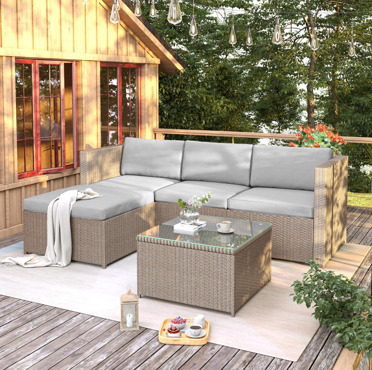 LOUNGE-SET 196/136/67 cm khaki aus Polyrattan und Stahl mit Couchtisch und Kissen - Beige, Metall - OKWISH