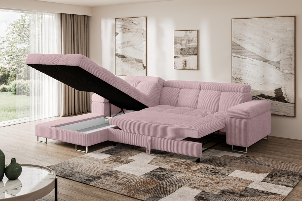 ECKSOFA mit Schlaffunktion Ottomane Links 271x203x79 Rosa Cord - Rosa, Holzwerkstoff/Textil (271/203cm) - ALTDECOR
