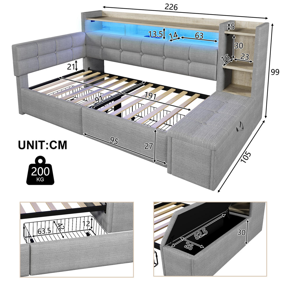 TAGEBETT 90x190cm Grau Samt 2 Schubladen USB LED-Licht - Grau, Holz (90/190cm) - FLIEKS