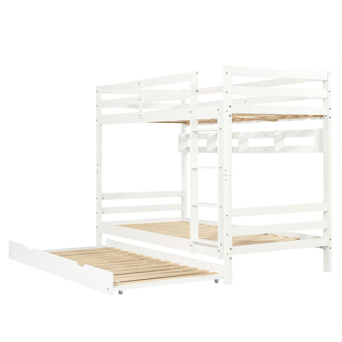 ETAGENBETT aus Kiefer & MDF 90x200 cm in Weiß mit Ausziehbett & Regalen - Weiß, Holzwerkstoff (90/200cm) - Modfu