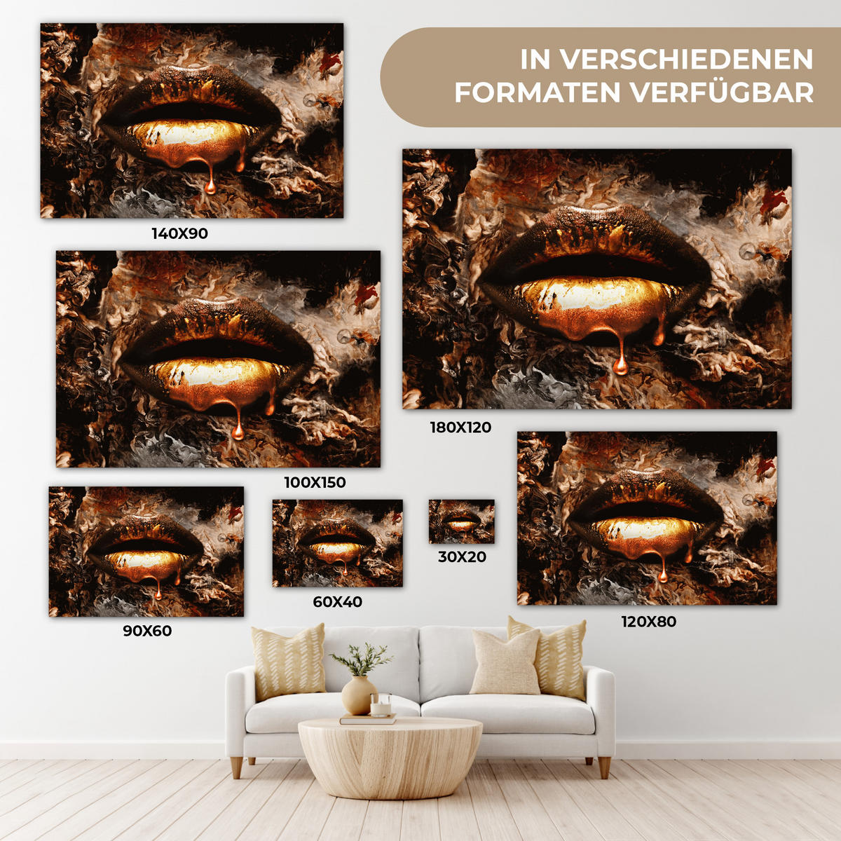 LEINWANDBILD Gold - Lippen - Kunst - Gold - Luxus - Abstrakt Wohnzimmer 120x80 cm - Bronzefarben, Textil (120/80cm) - MuchoWow