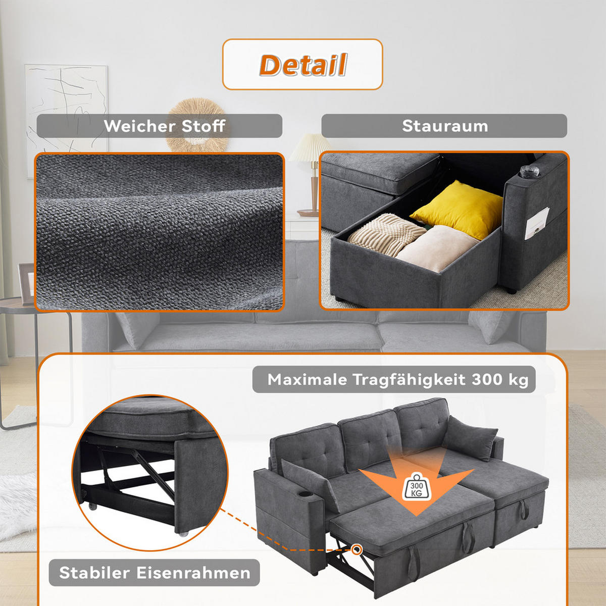 SOFA L-Form Schlaffunktion Stauraum Getränkehalter Austauschbar Modern - Grau, Holz (74/44/62cm) - FLIEKS