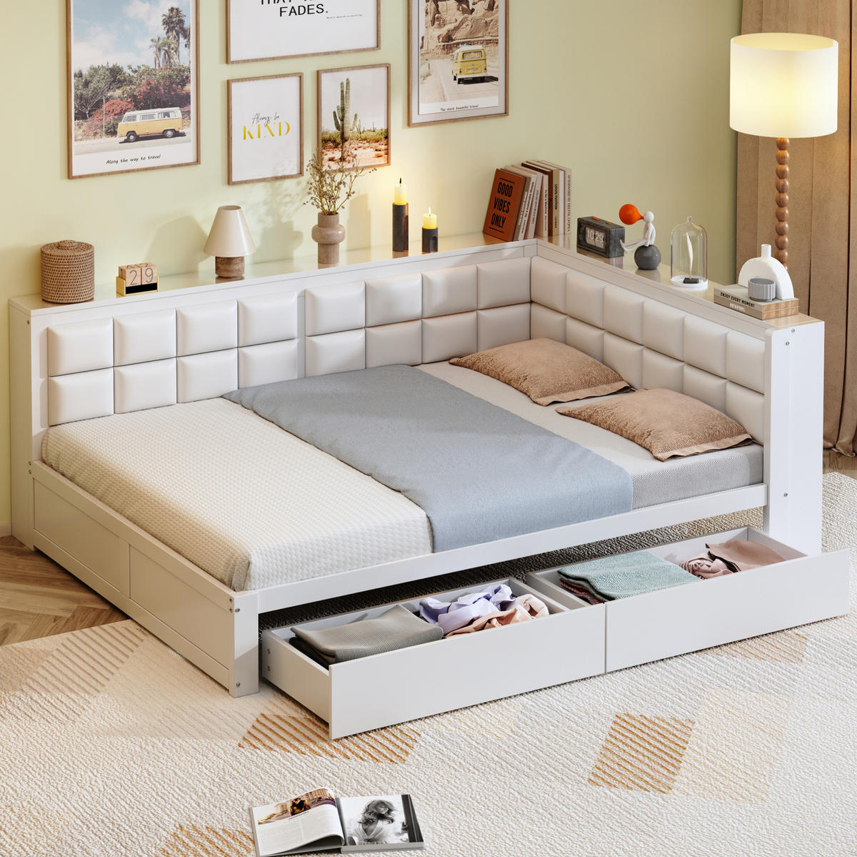 BETT aus Kiefernholz 140x200 cm Weiß mit weicher Rückenlehne und 2 Schubladen - Weiß, Holzwerkstoff (140/200cm) - Modfu