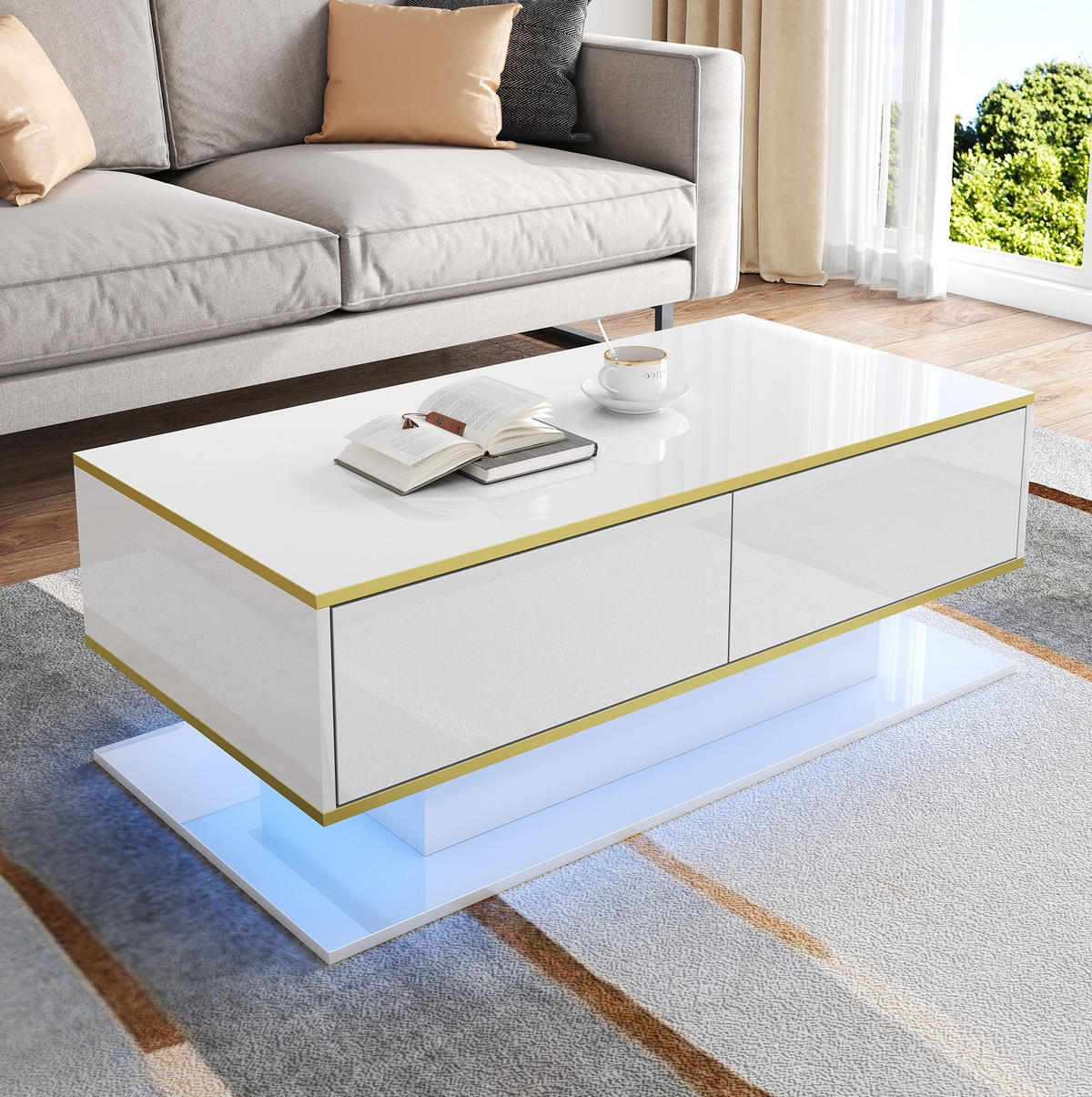 COUCHTISCH 100/50/40 cm in Weiß/Gold mit 3 Schubladen und LED-Beleuchtung - Weiß, Holzwerkstoff (100/50/40cm) - Flora Grace