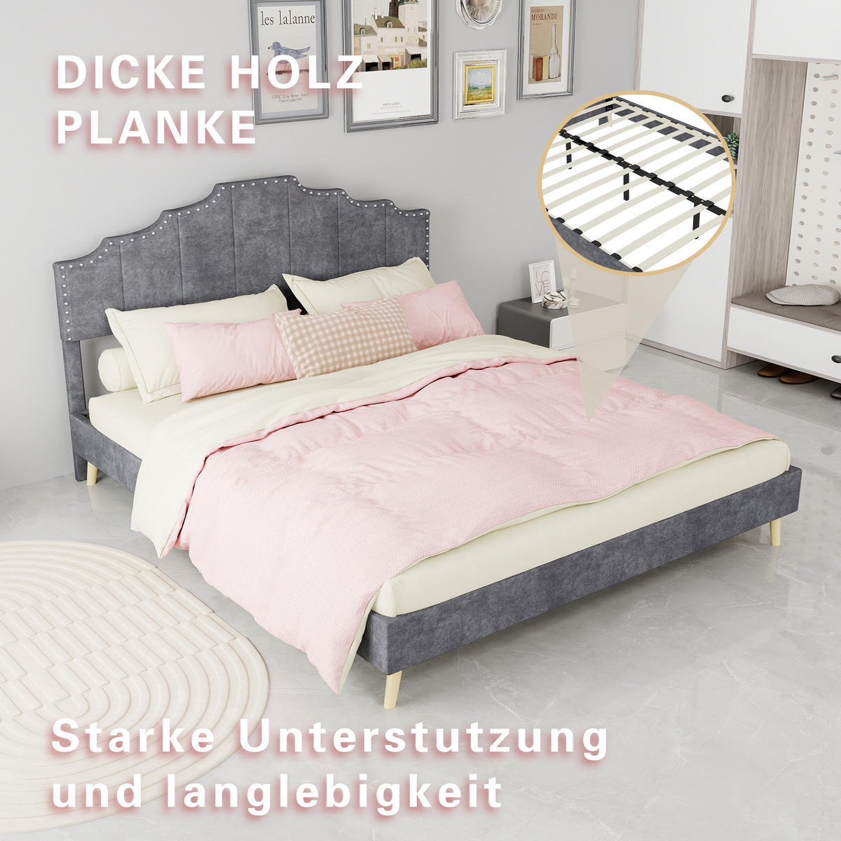 POLSTERBETT 160/200 cm in Grau mit Gepolstertem Kopfteil Stoff geometrisches Design - Naturfarben/Grau, Holzwerkstoff/Textil (160/200cm) - STILVORA