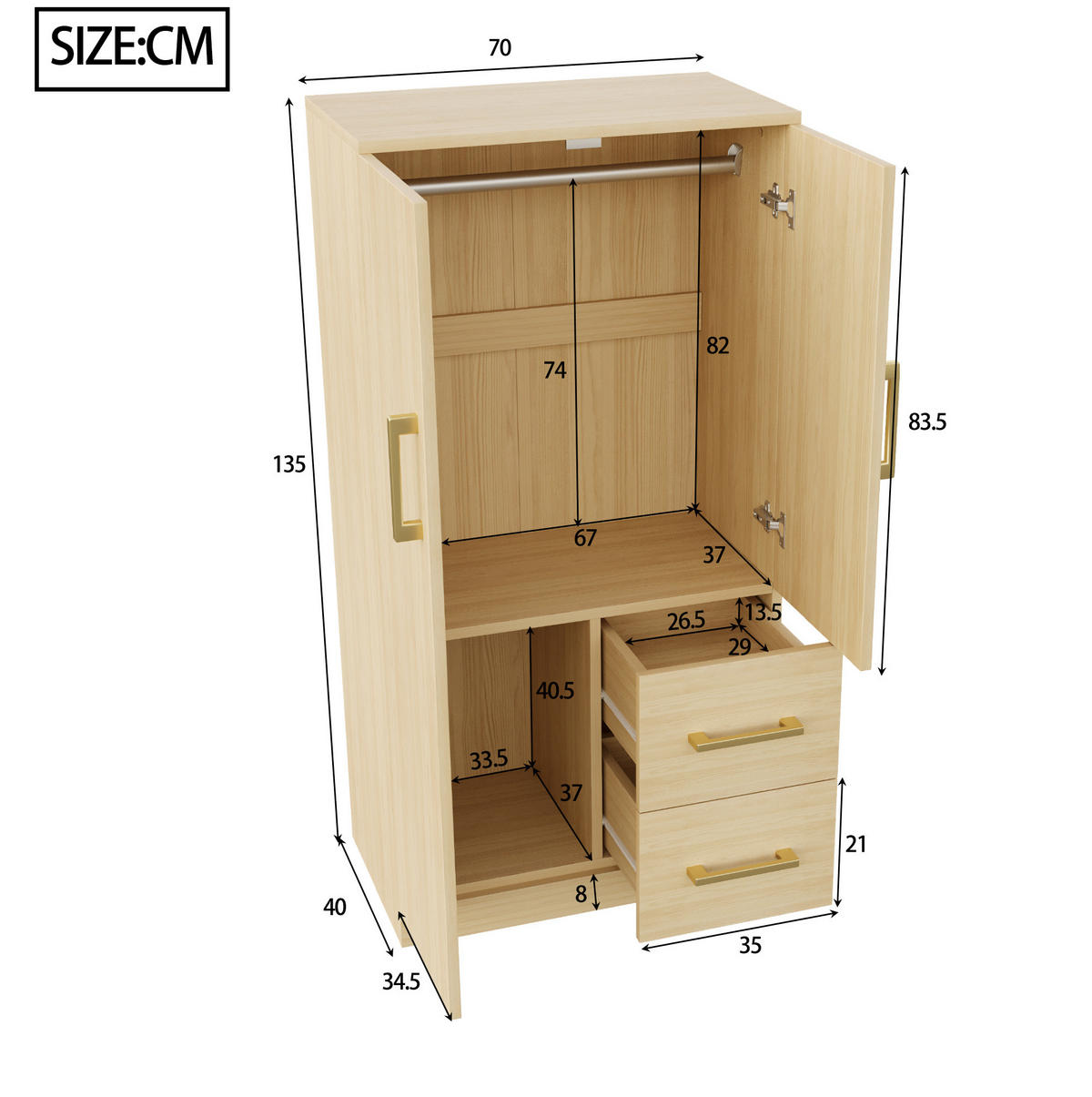KLEIDERSCHRANK 70/40/135 cm natur aus Holz mit Türen und Schubladen - Naturfarben, Holz (70/135/40cm) - OKWISH