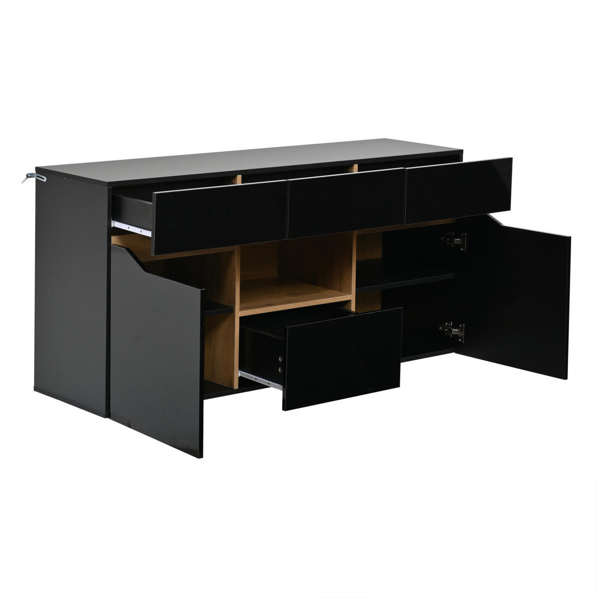 SIDEBOARD aus Spanplatte 140x40x70 cm Schwarz/Naturholz mit LED-Beleuchtung, 4 Schubladen, 2 Schränken und Hochglanz-Front - Schwarz, Holzwerkstoff (140/70/40cm) - Modfu
