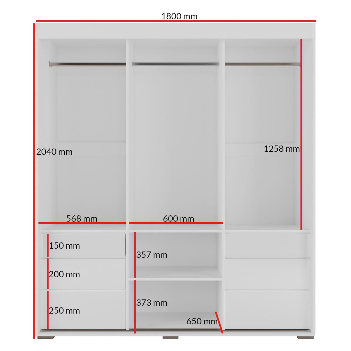 SCHIEBETÜRENSCHRANK mit Schubladen Torino 3D 180 Weiß (Lacobel) - Silberfarben/Weiß, Holzwerkstoff/Metall (180/204/65cm) - mzm24