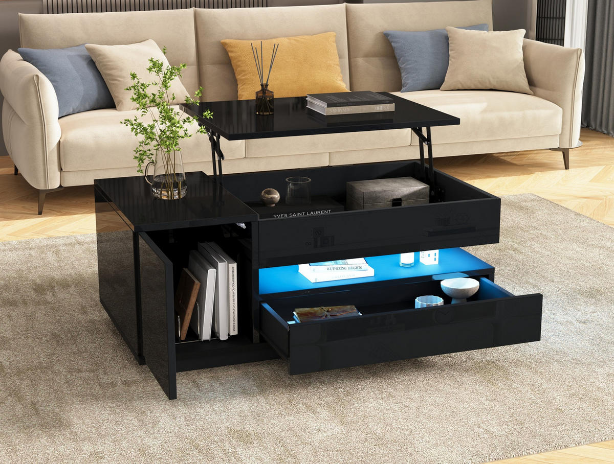 COUCHTISCH 95/50/40 cm mit höhenverstellbarer Tischplatte, LED-Beleuchtung und Stauraum, Hochglanz, Schwarz - Schwarz, Holzwerkstoff (95/50/40cm) - Redom