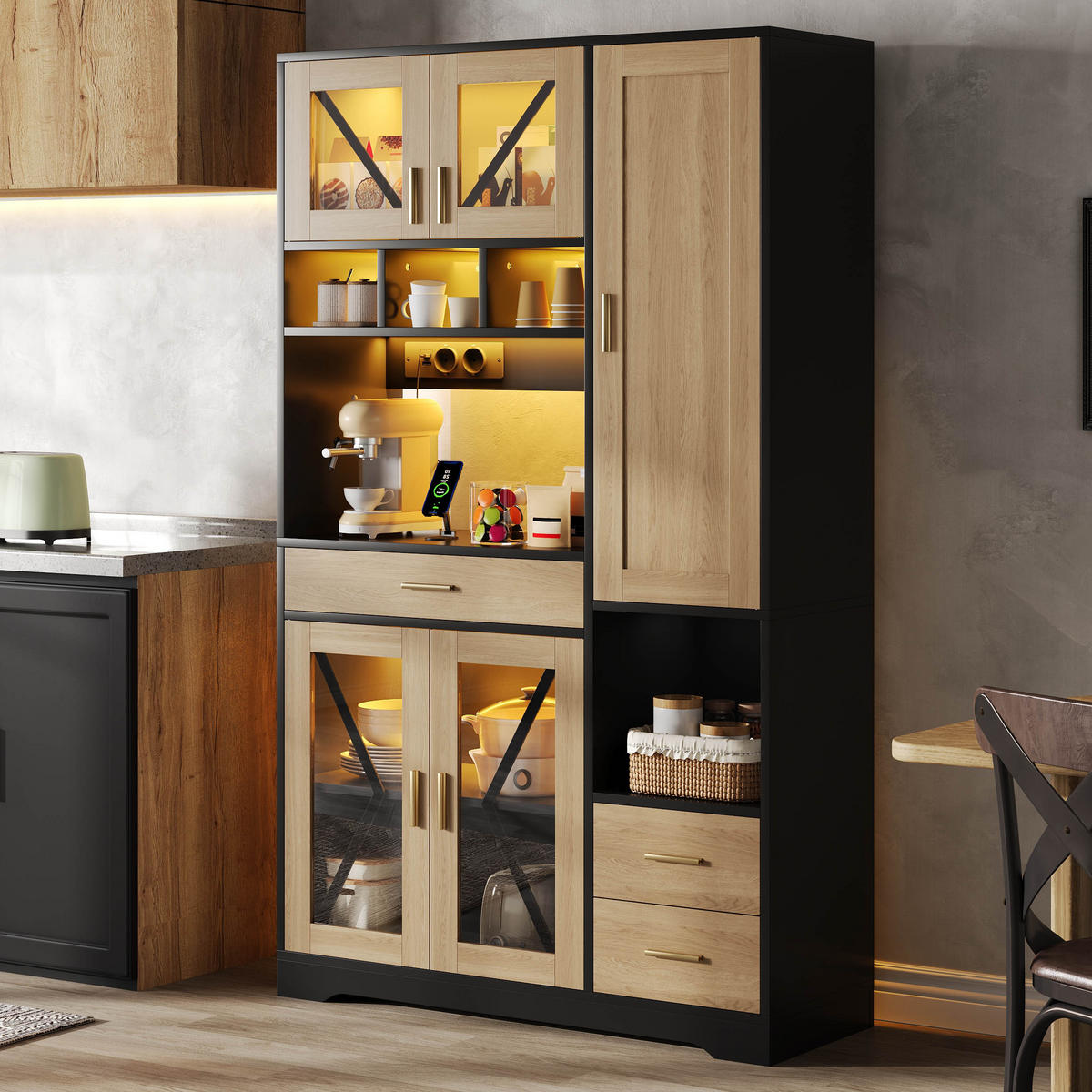 MEHRZWECKSCHRANK mit LED-Beleuchtung, Steckdosen, Schublade und verstellbaren Einlegeböden 185/105/40 cm - Naturfarben, Glas/Holzwerkstoff (105/185/40cm) - EVRYAE