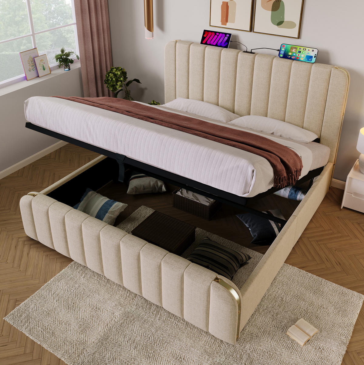 POLSTERBETT aus Leinen 180x200 cm in Beige mit USB-C-Ladefunktion & Stauraum - Beige, Textil (180/200cm) - Modfu