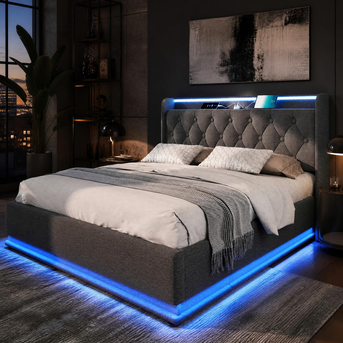 ČALOUNĚNÁ POSTEL 180 × 200 cm v šedém lnu s úložným prostorem, LED osvětlením a USB/USB-C - šedá, kov/kompozitní dřevo (180/200cm) - WISHDOR