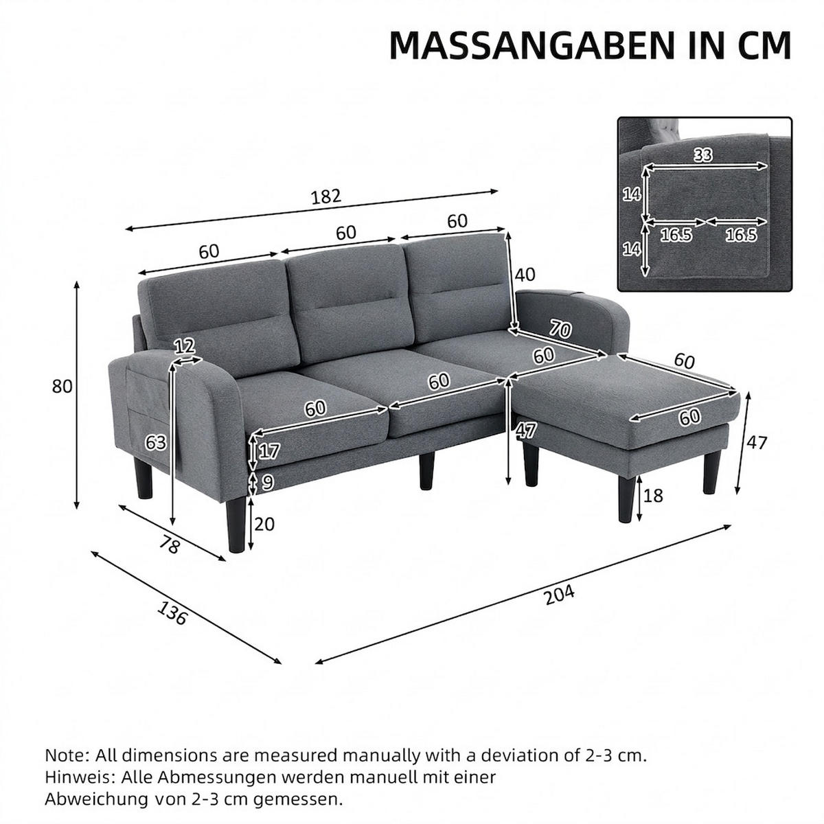 ECKSOFA 204/136/80 cm Grau mit Chaiselongue und Aufbewahrungstasche - Grau, Textil (204/136cm) - Oxeza
